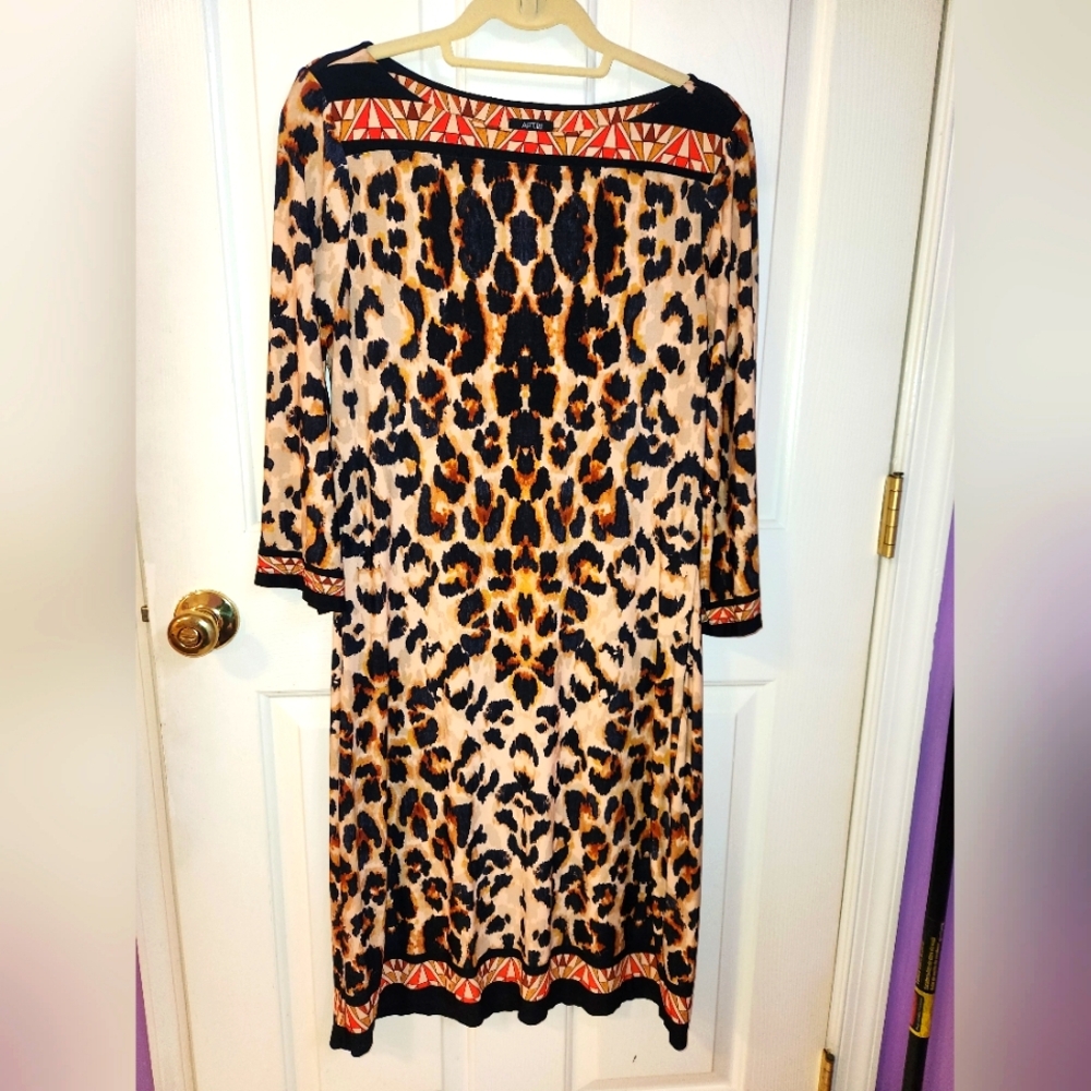 APT.9 Animal Print Dress With Red Abstract Border 3/4 Sleeve